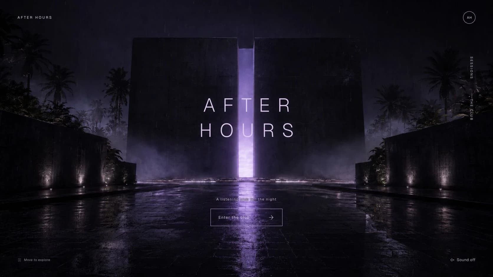 Page d’accueil d’After Hours avec une cour éclairée en violet, une ouverture lumineuse et l’invitation Enter the club