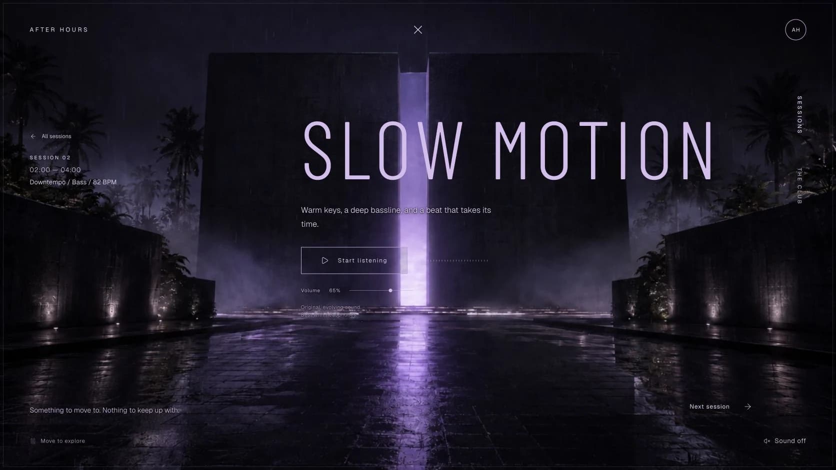 Écran d’écoute Slow Motion d’After Hours avec les commandes de lecture, de volume et de session suivante