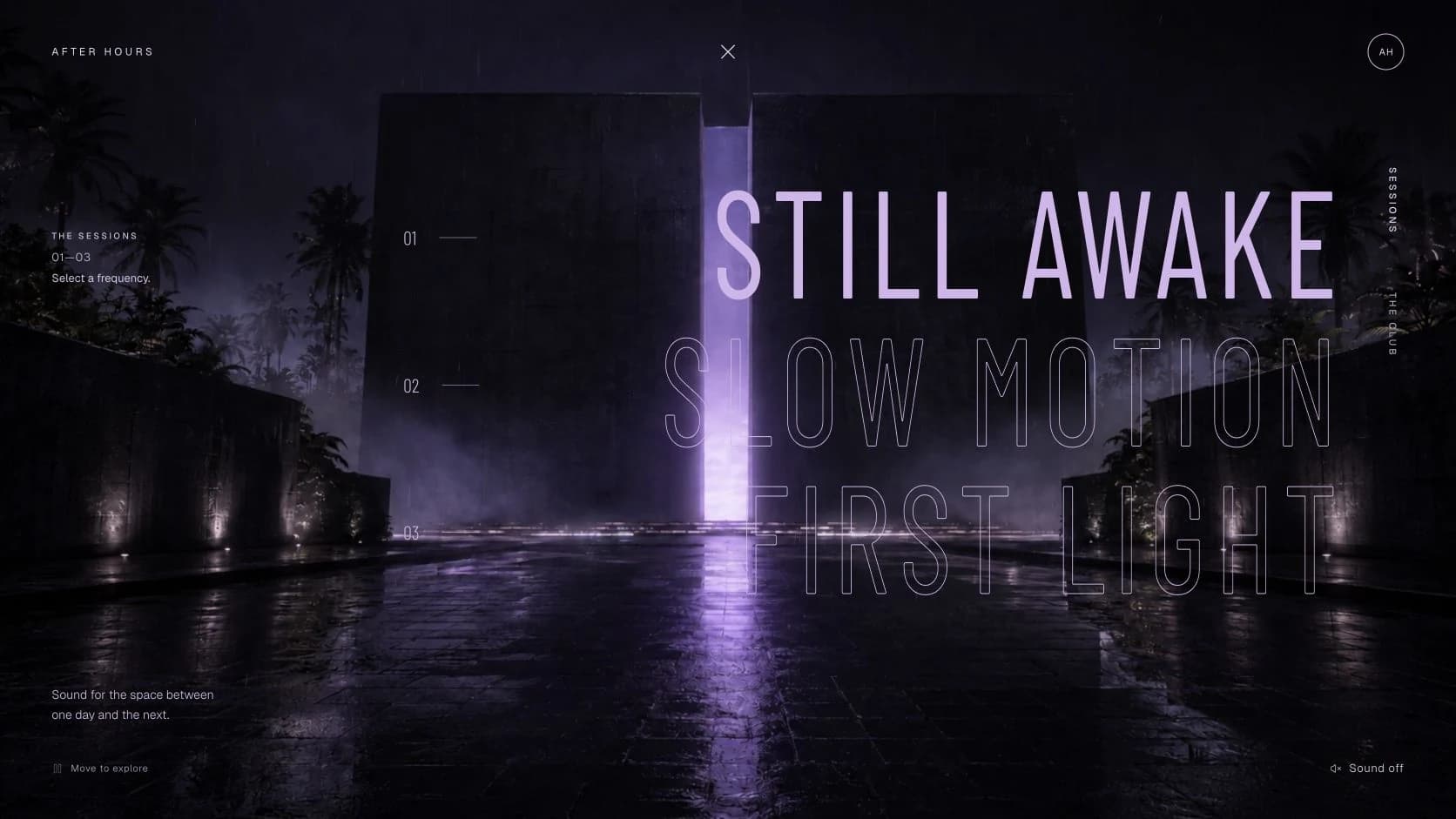 Sélection des sessions After Hours avec les grands titres Still Awake, Slow Motion et First Light sur la cour violette