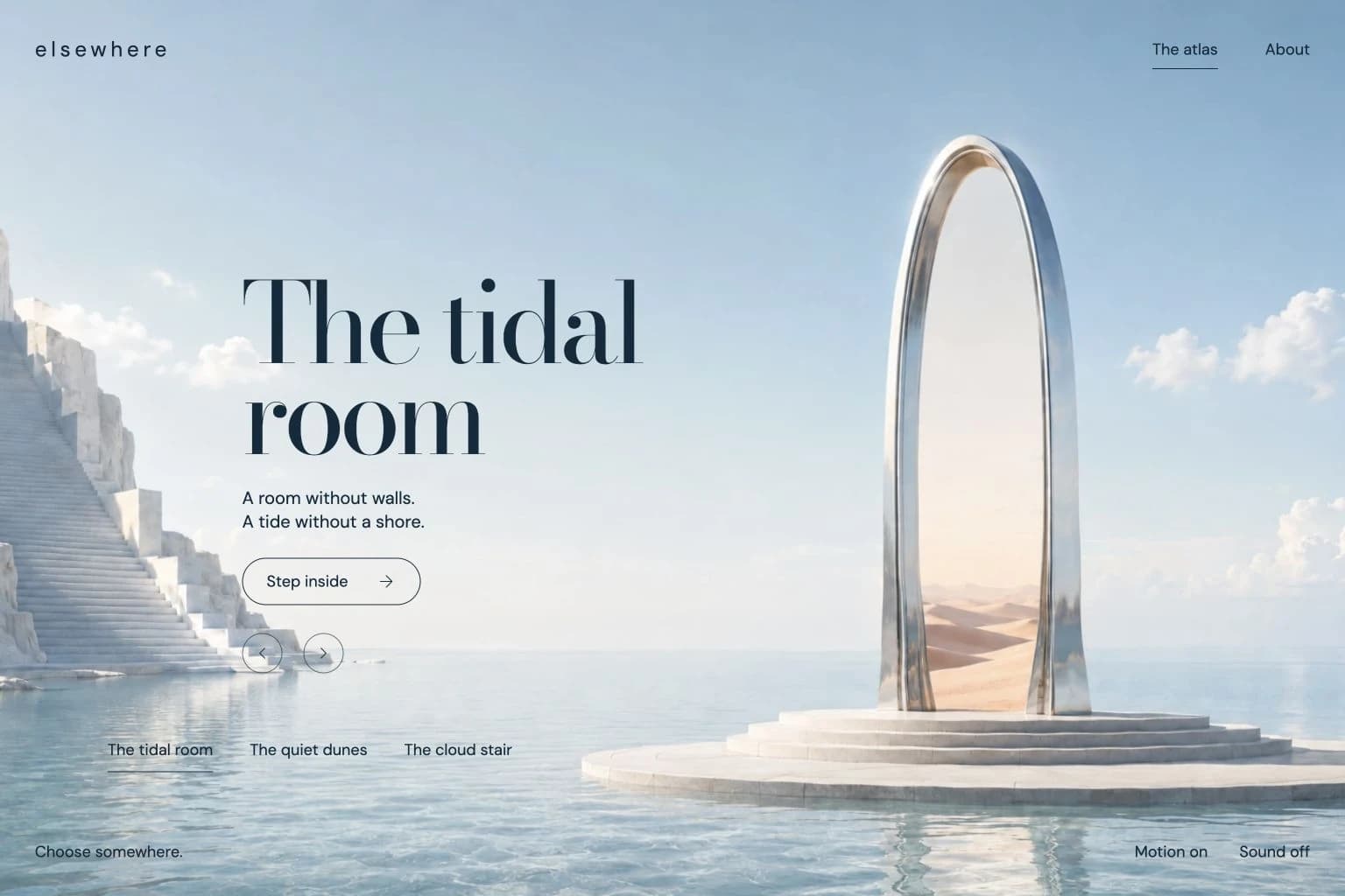 Atlas d’Elsewhere présentant The tidal room, un portail argenté, les destinations et le bouton Step inside