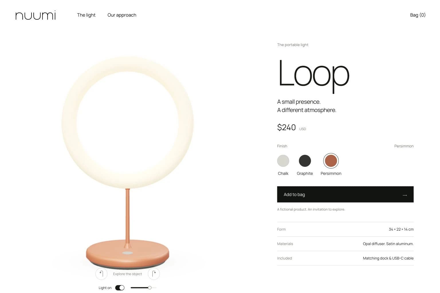 Section produit de Loop avec la lampe Persimmon, le choix de finition, les informations produit et le bouton d’ajout au panier