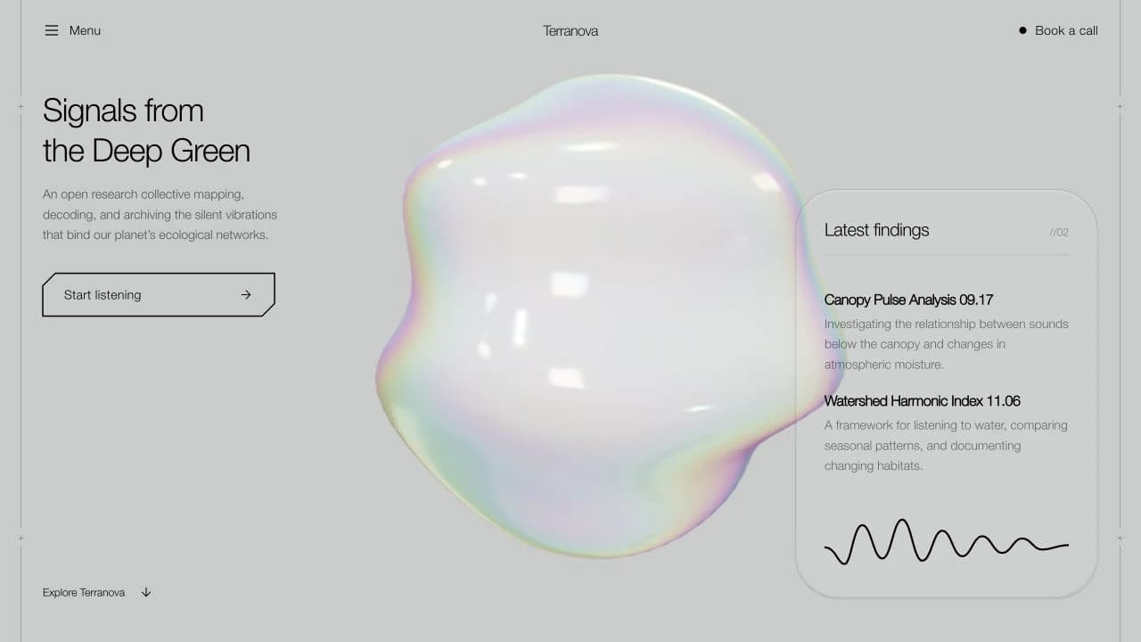 Terranova homepage with an iridescent organic form, a thin black headline and a translucent research panel