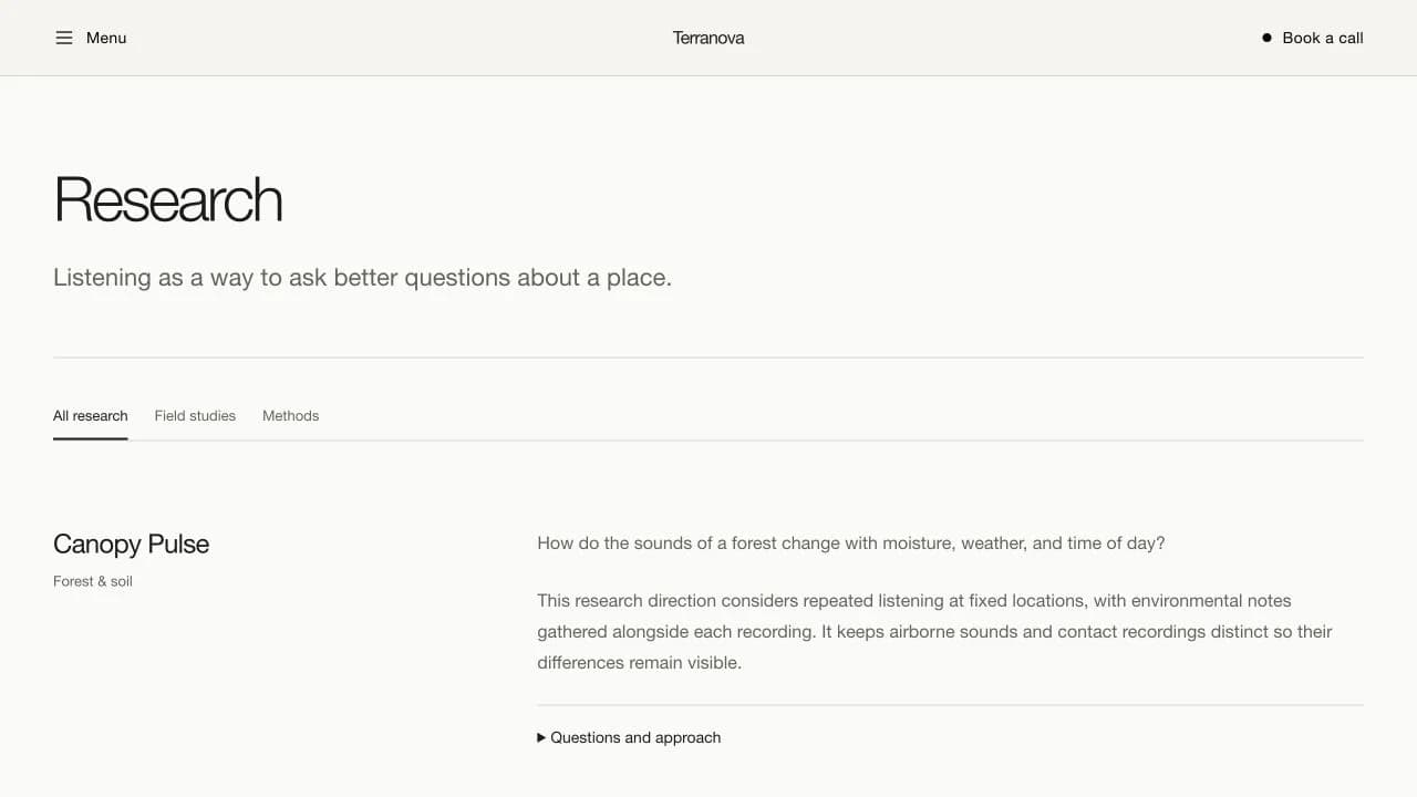 Terranova Research page with category filters, a Canopy Pulse research question and expandable supporting information