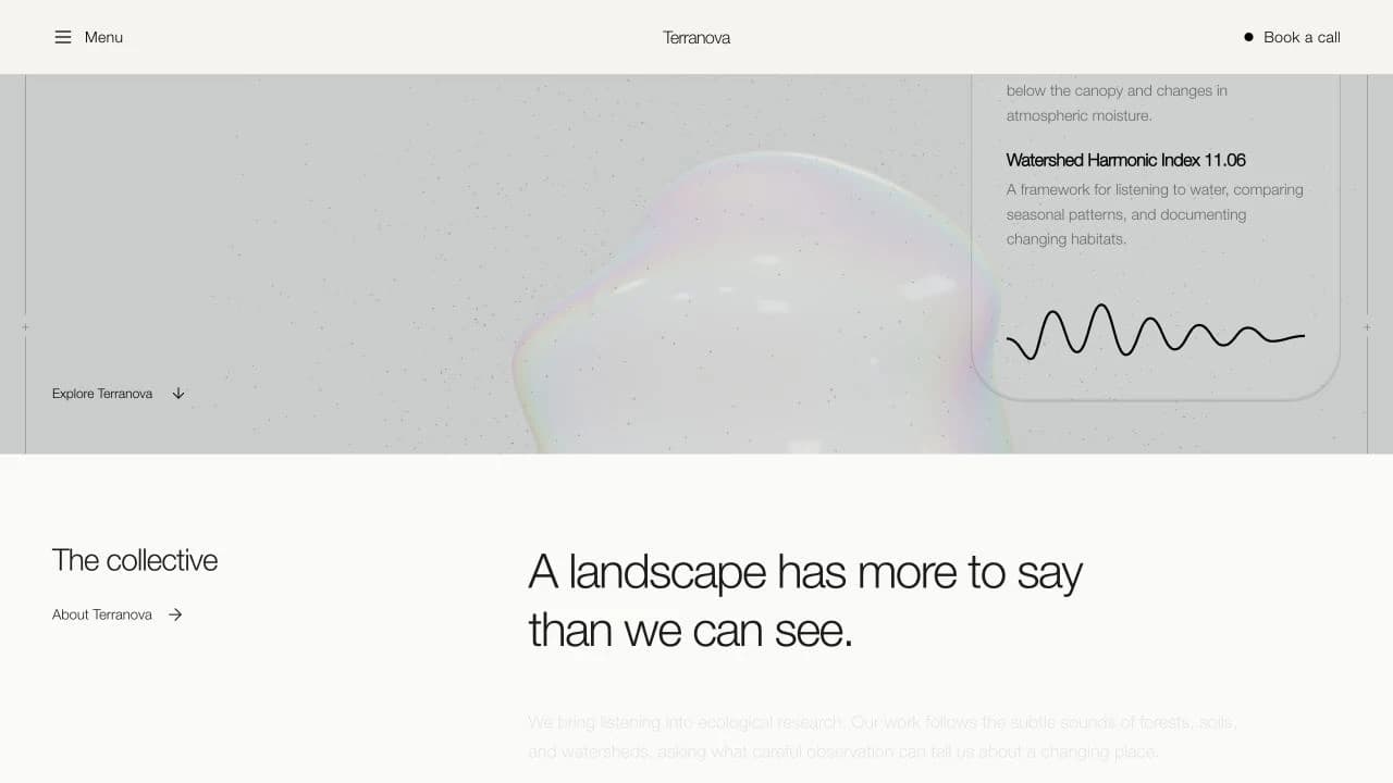Terranova’s organic form dispersing into particles above the emerging collective introduction