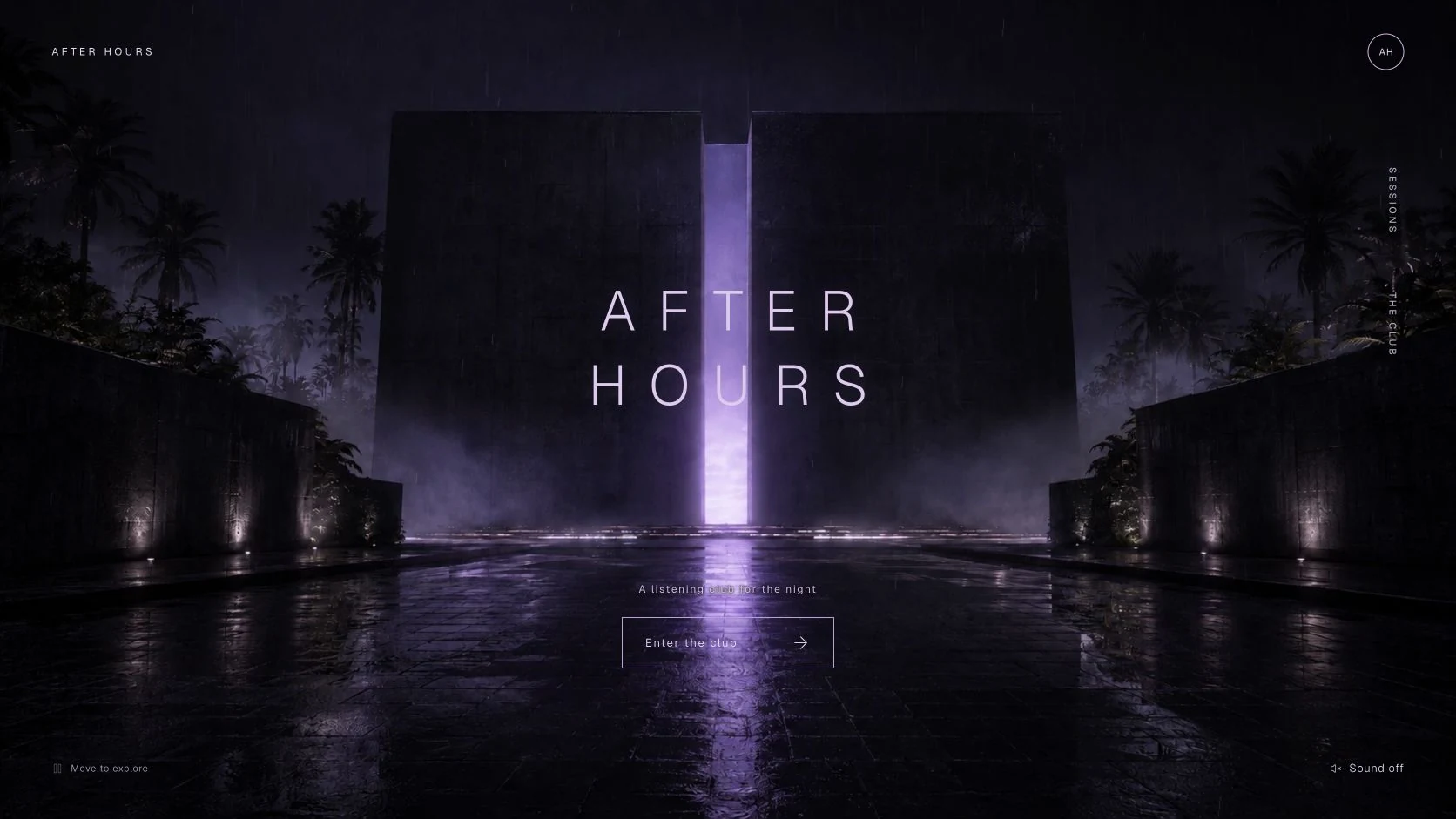 After Hours homepage with a violet-lit courtyard, a glowing central doorway and the invitation Enter the club