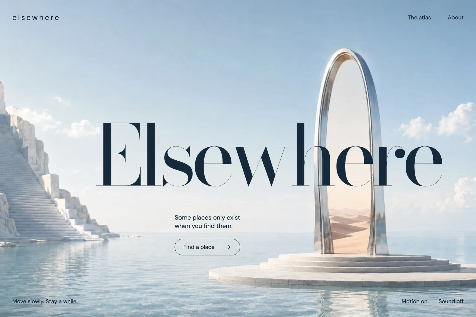 Elsewhere homepage with a silver portal standing in blue water, a distant white staircase and oversized editorial lettering