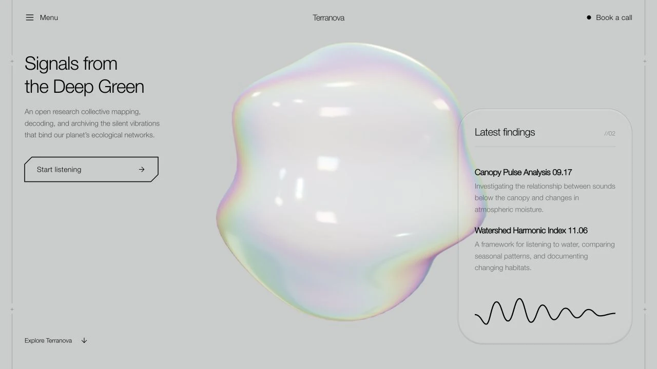 Terranova website with a pearl-like 3D form and a translucent research panel