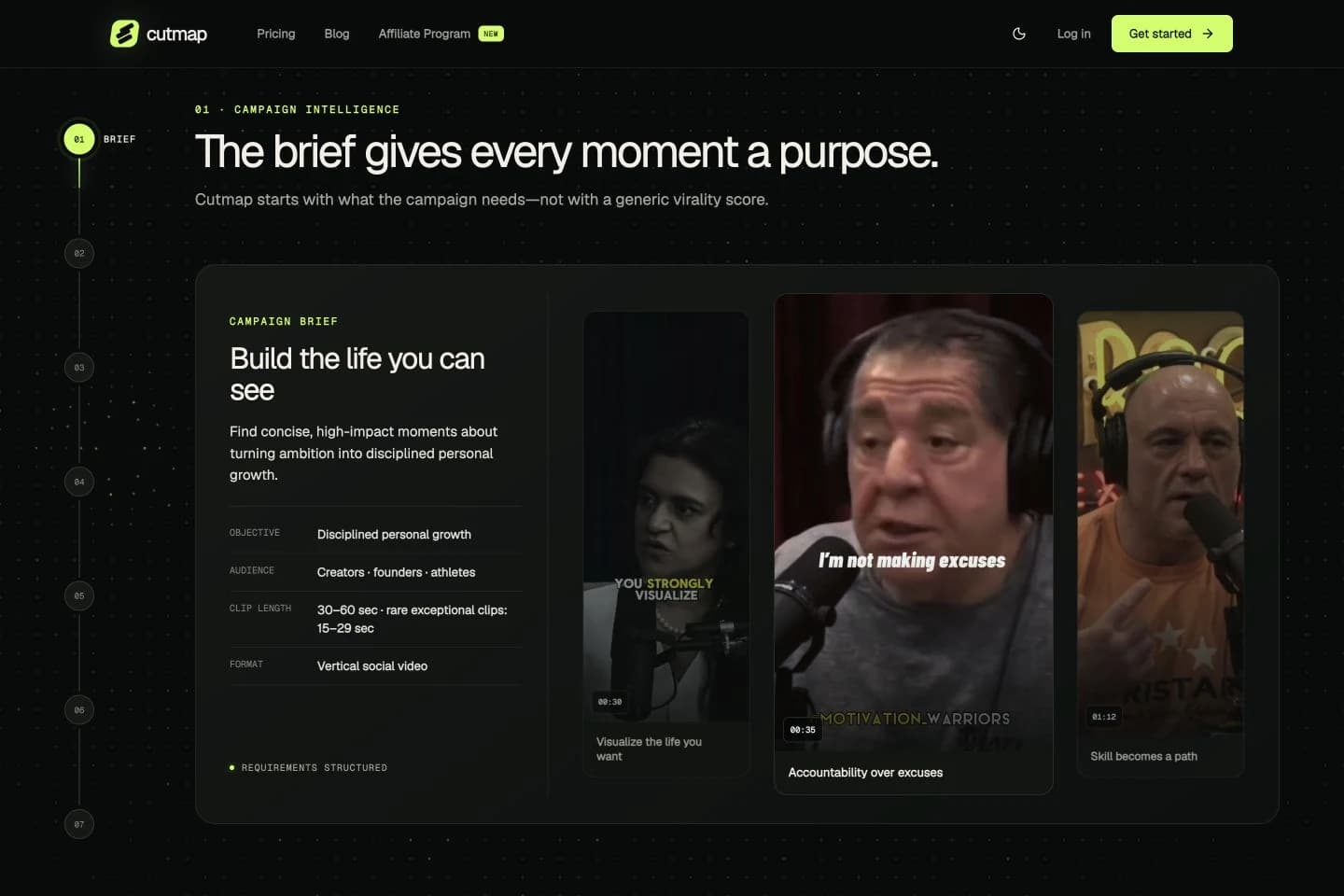 Cutmap’s campaign demo showing the brief, audience and clip requirements beside three source videos