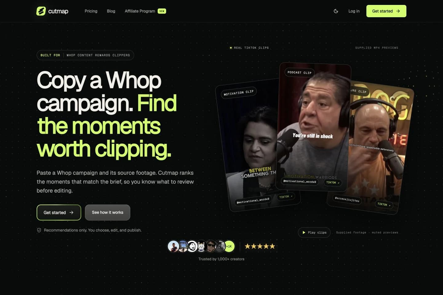 Cutmap’s live homepage with a lime headline and three vertical source video previews on a dark background