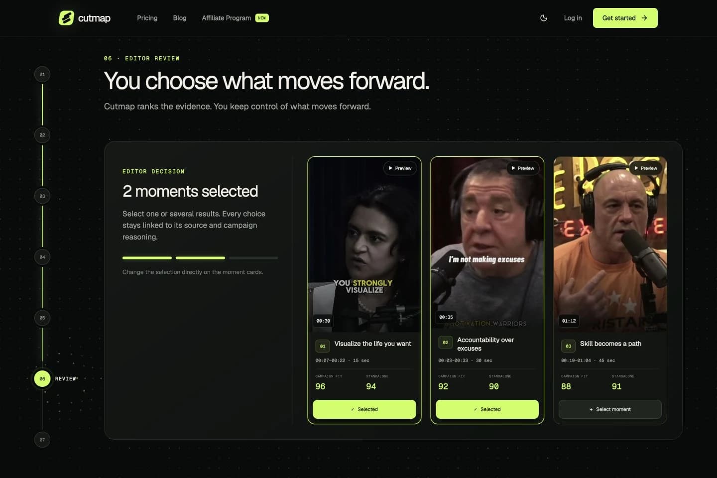 Cutmap’s interactive review stage with two selected moments, timestamps and campaign-fit scores