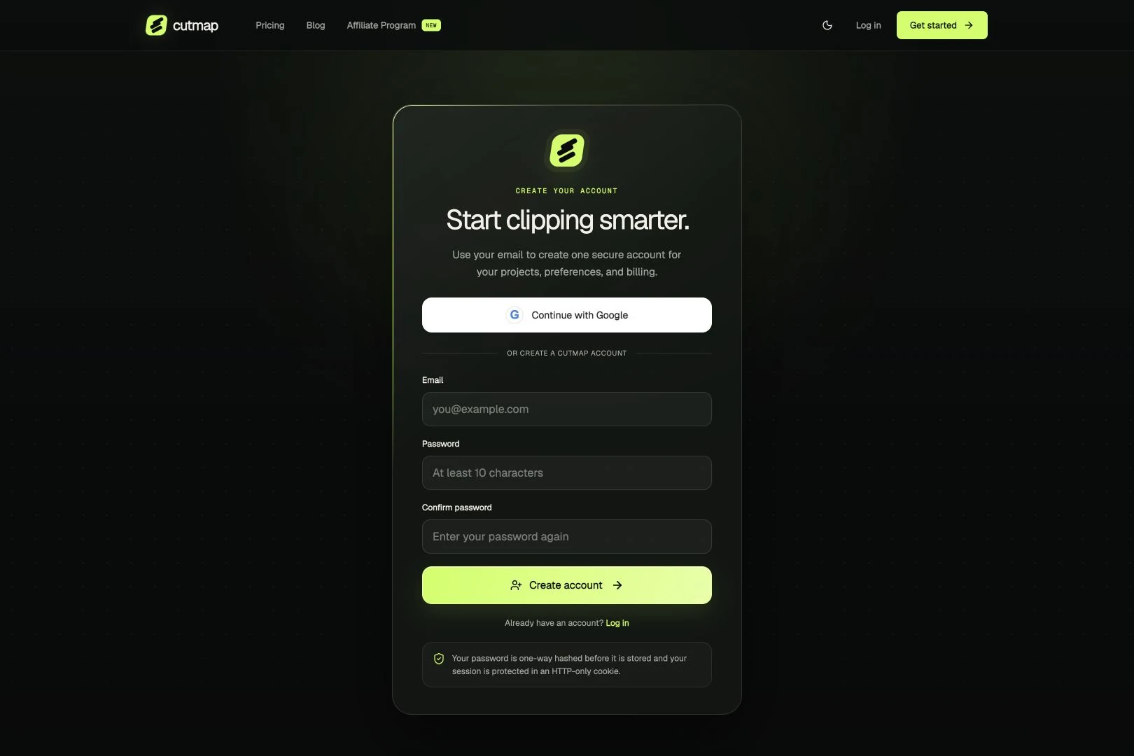 Cutmap’s account creation page with Google sign-up, labeled email and password fields, and a lime primary button