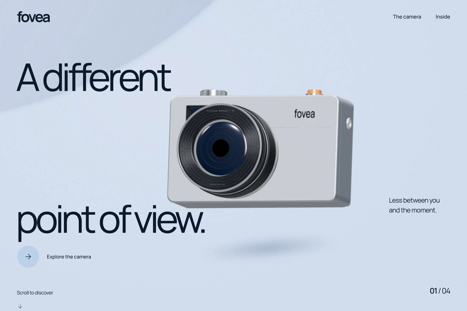 Fovea homepage with a silver camera on a pale blue background and the oversized headline A different point of view
